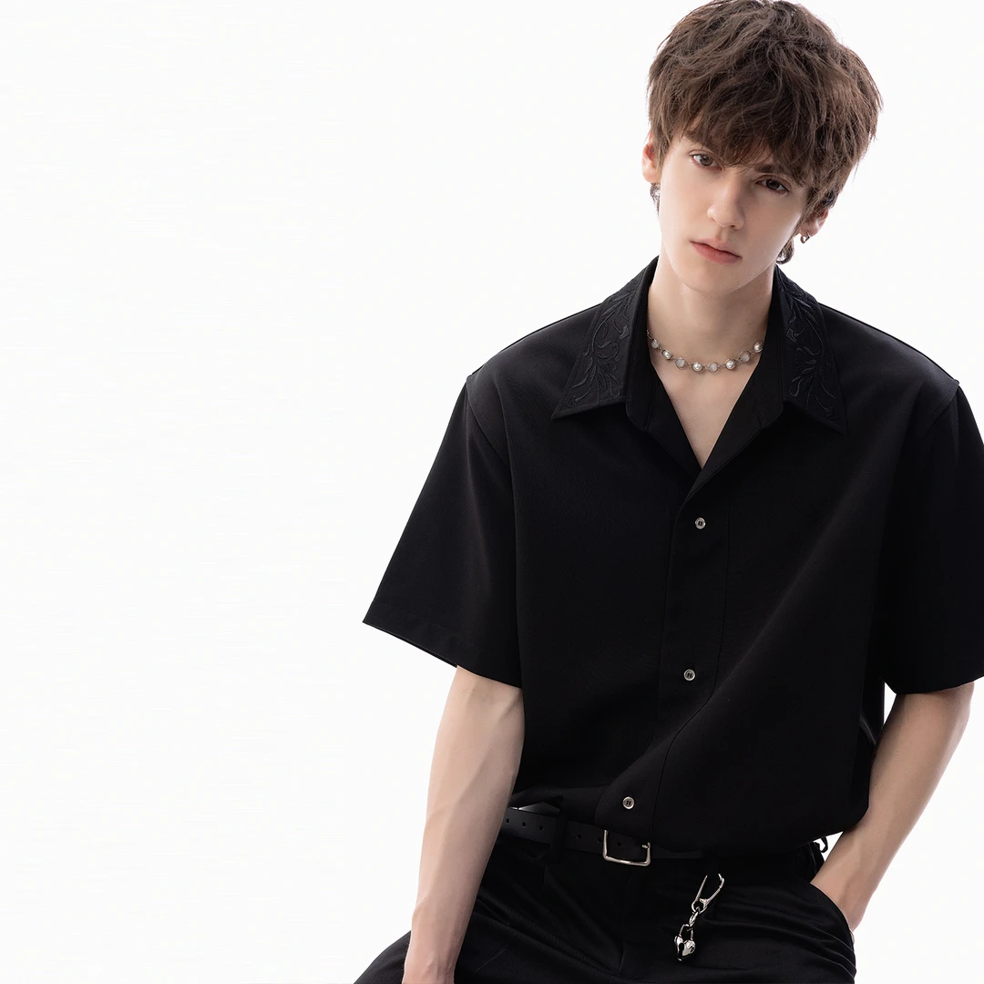 CHOR设计师款男装新中式刺绣短袖衬衫2025夏季新款男士休闲衬衣