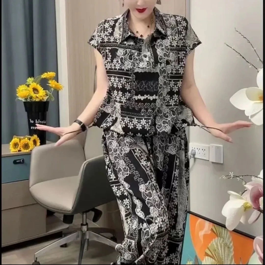 2025新款妈妈装夏季冰凉休闲气质两件套高级显瘦减龄6222