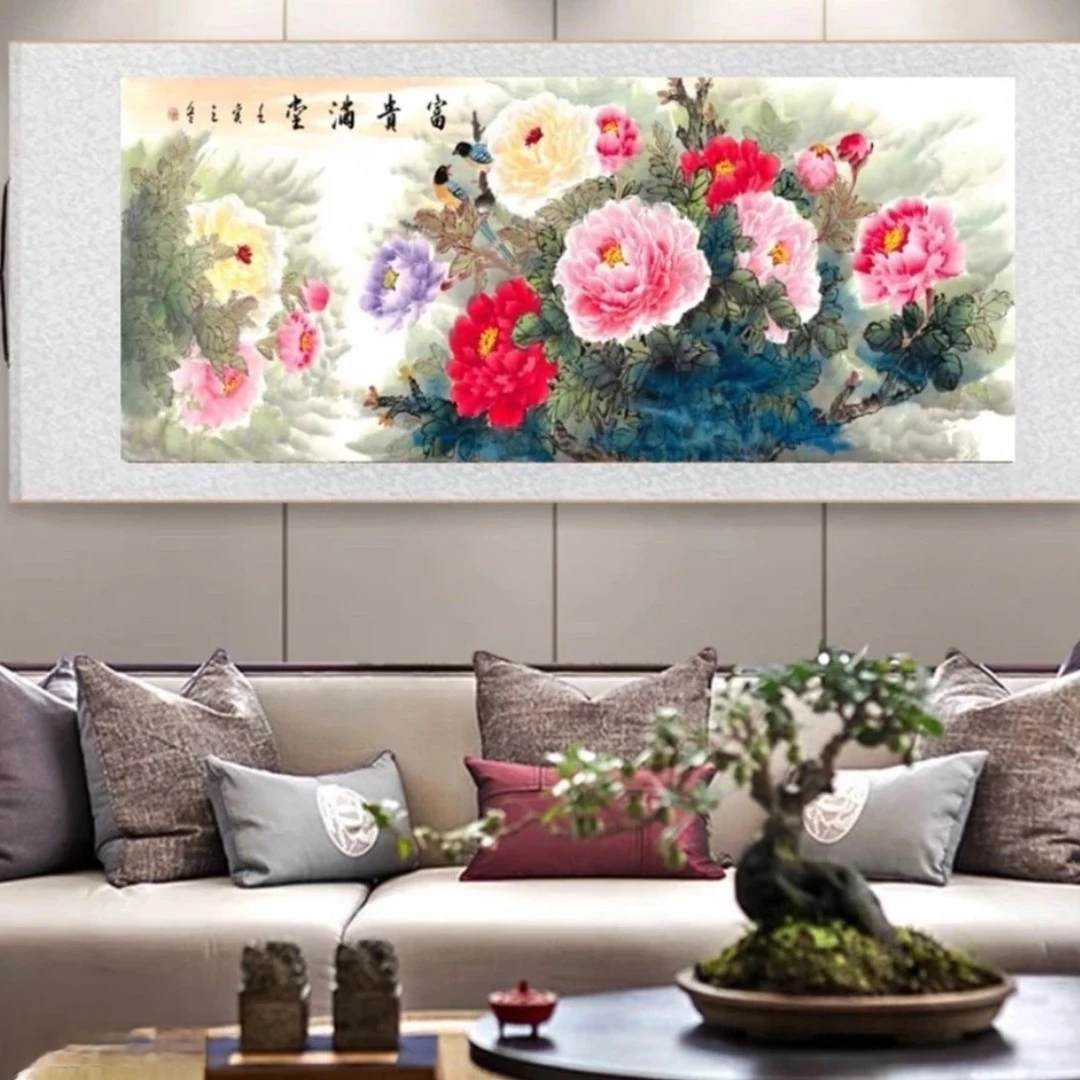 《富贵满堂》横版牡丹国画220*70CM客厅卧室书房装饰画