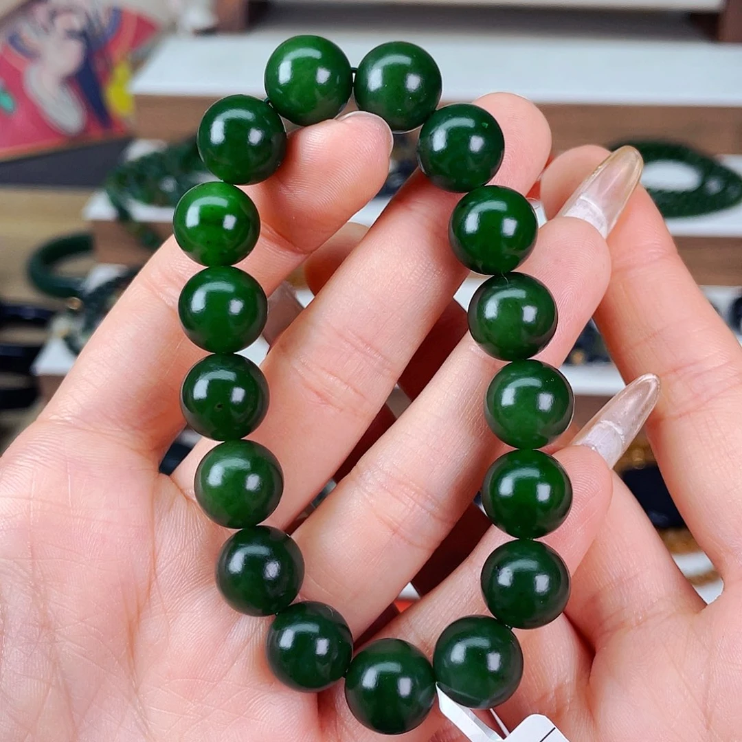 和田玉12mm新疆碧玉阳绿单圈未镶嵌