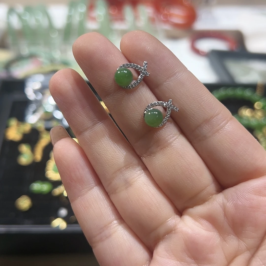 和田玉耳饰银S925镶嵌