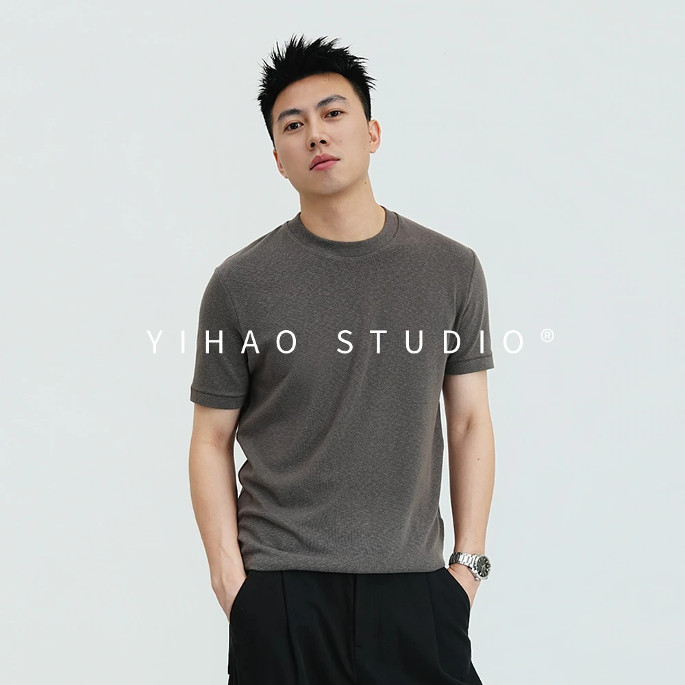 YIHAO STUDIO秋季新款男士针织休闲T恤老钱风时尚正肩修身短袖
