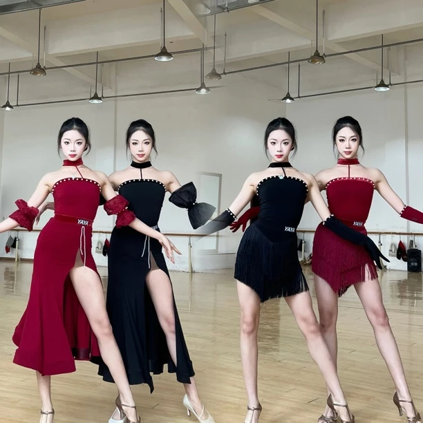 YAYaDANCE正品拉丁摩登舞服｜重工珍珠款两色套装，表演比赛考级