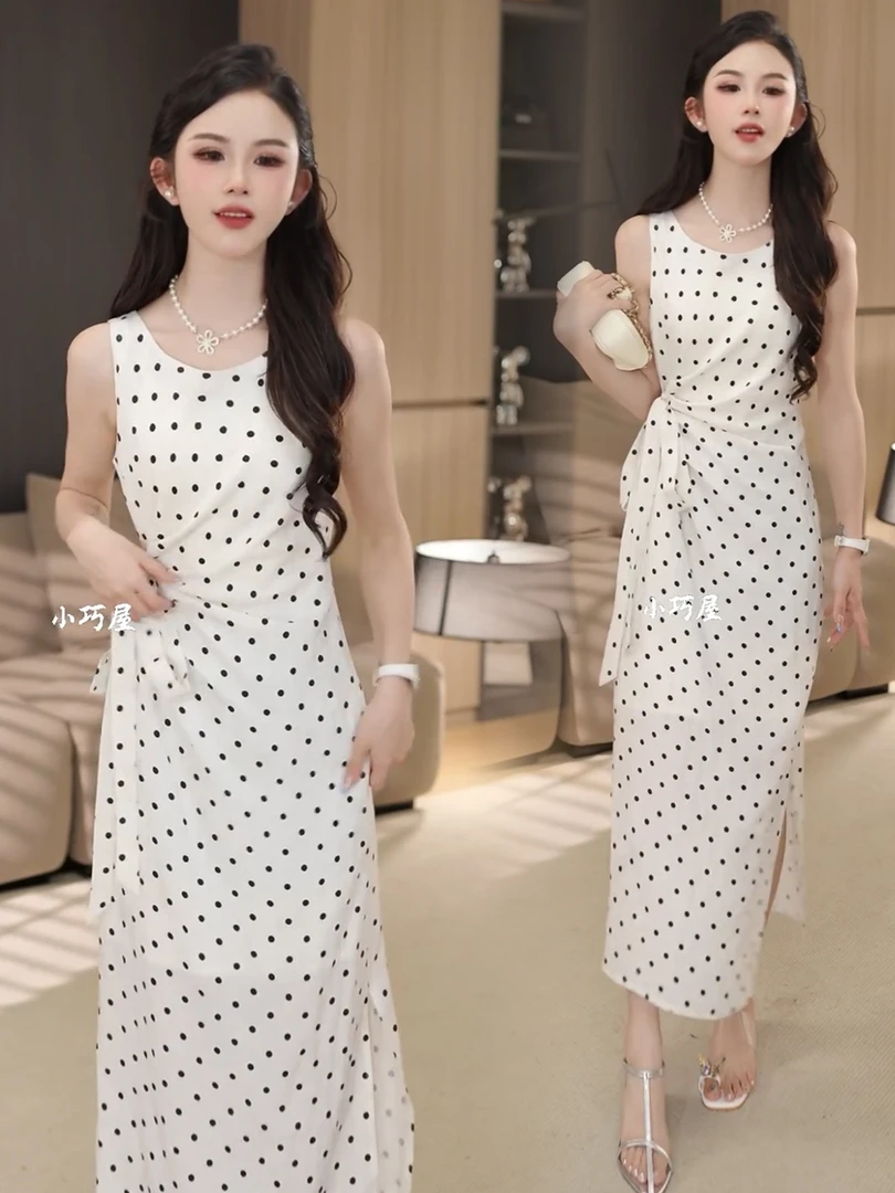 时尚连衣裙女2025夏季新款洋气法式气质收腰性感修身绑带波点裙