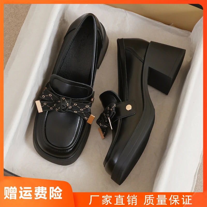 真皮小皮鞋女2025新款春秋季英伦风黑色乐福软底豆豆高跟34码鞋子