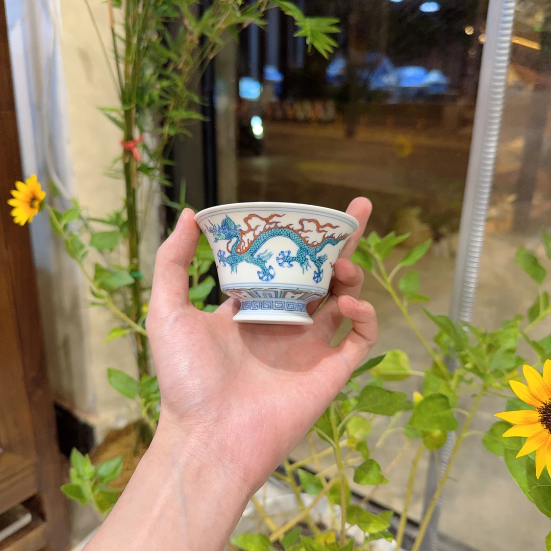 明逸堂手绘陶瓷龙追凤图案品茗杯龙凤茶杯手工主人杯花纹龙纹茶具