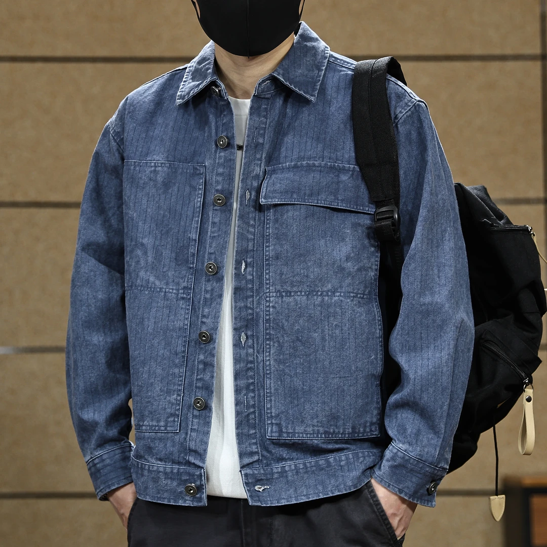 310g重磅印花条纹长袖工装夹克男2025秋季新款复古纯棉宽松外套潮