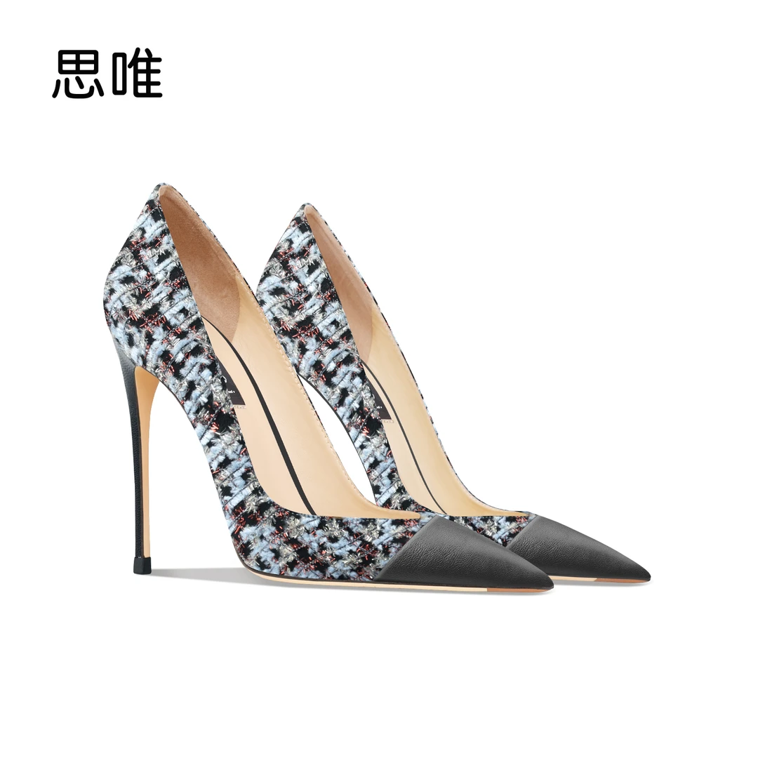 蓝色编织拼接一脚蹬高跟鞋2025年春季新款尖头浅口细跟仙女风单鞋