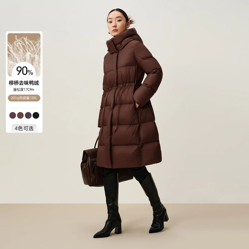 DUNNU/敦奴冬季时尚酒红色百搭中长款保暖收腰连帽羽绒服FT5Y2108