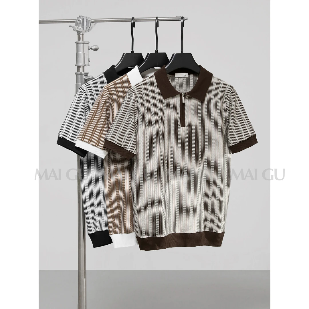 【MAIGU】高定男士撞色透气条纹拉链设计短袖百搭冰爽丝翻领POLO衫