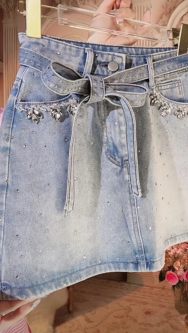 【崔】B0126 美式复古重工钉珠烫钻牛仔半身裙高腰显瘦包臀a字短裙