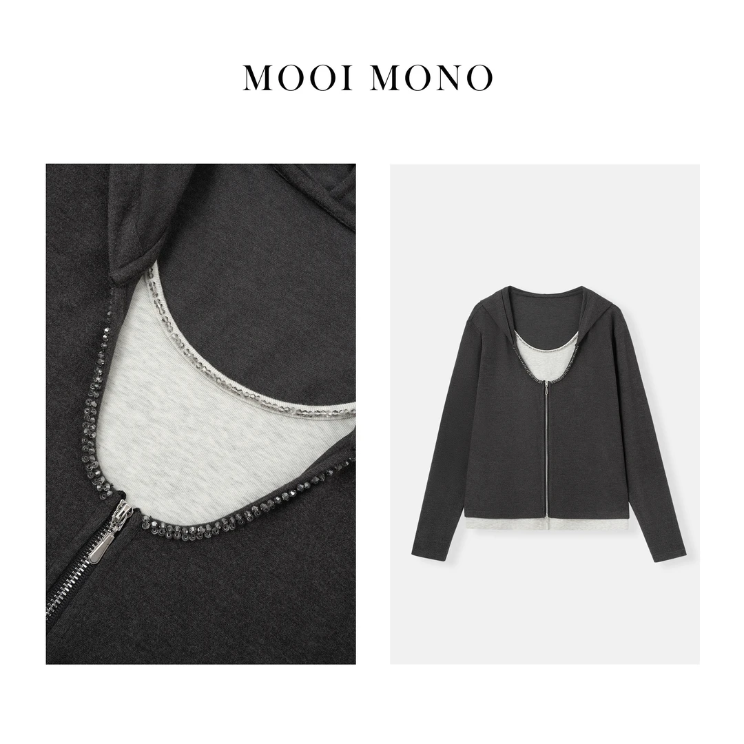 MOOI MONO＂烟波＂ 显瘦灰色简约假两件长袖镶钻休闲外套 T040A43