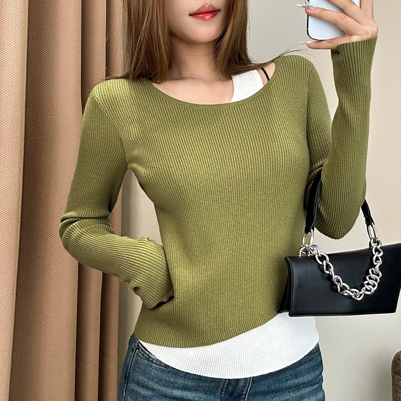 绿色条纹圆领修身打底衫秋冬2025新款假两件女上衣显瘦长袖针织衫