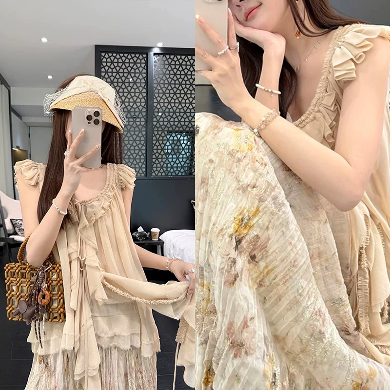 【mimius】婷日暮叠纱～氛围感荷叶边上衣+定染半身裙（松紧腰）G05229