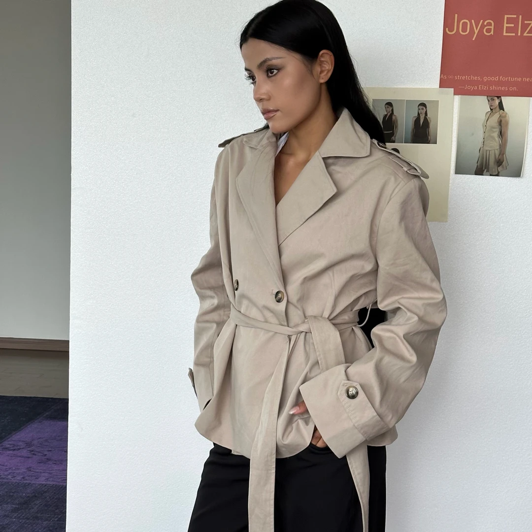 跨境卡其色长袖系带风衣欧美秋季新款气质翻领腰带收腰外套女