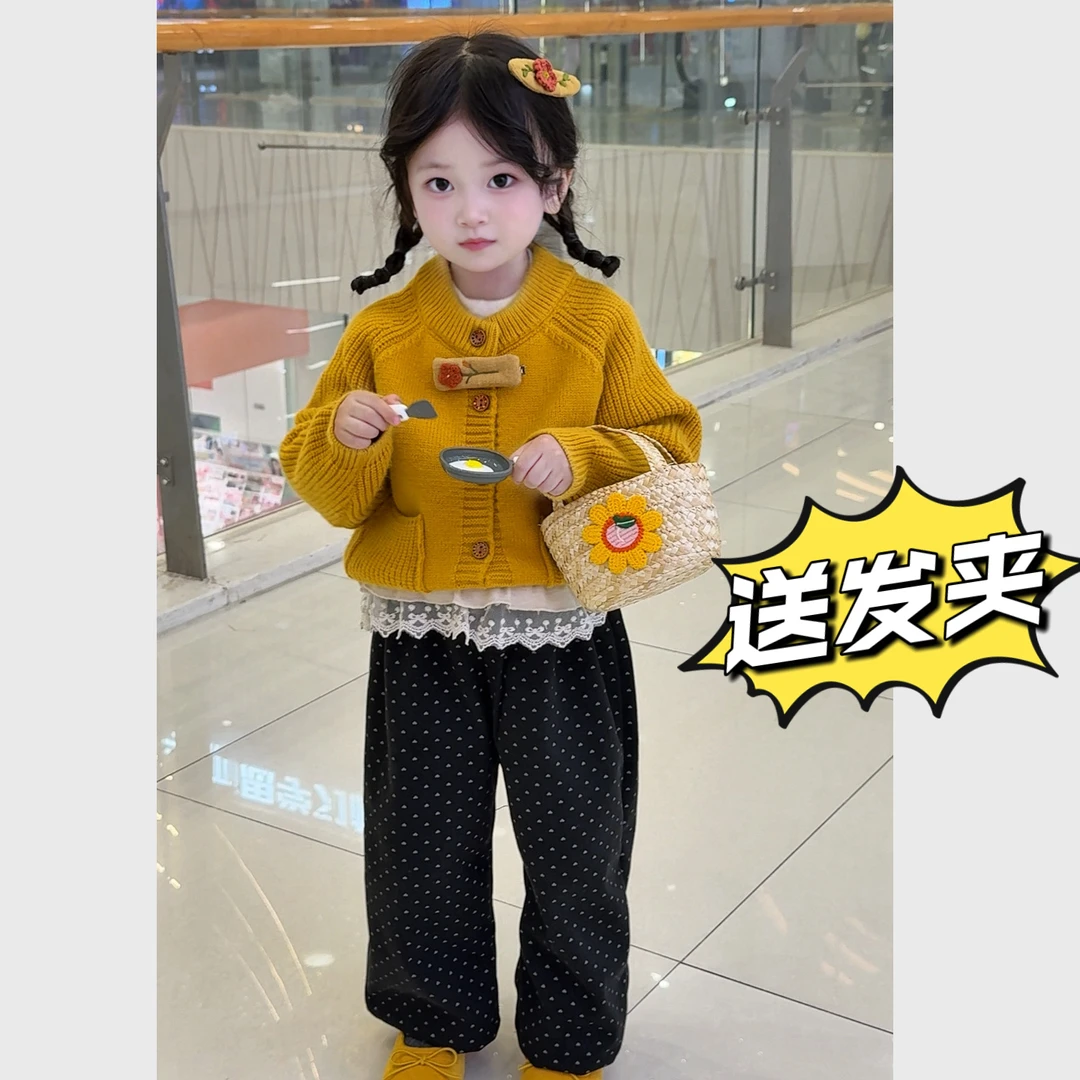 韩国森系小童秋装网红新款针织马甲花边袖打底衫碎花阔腿裤三件套