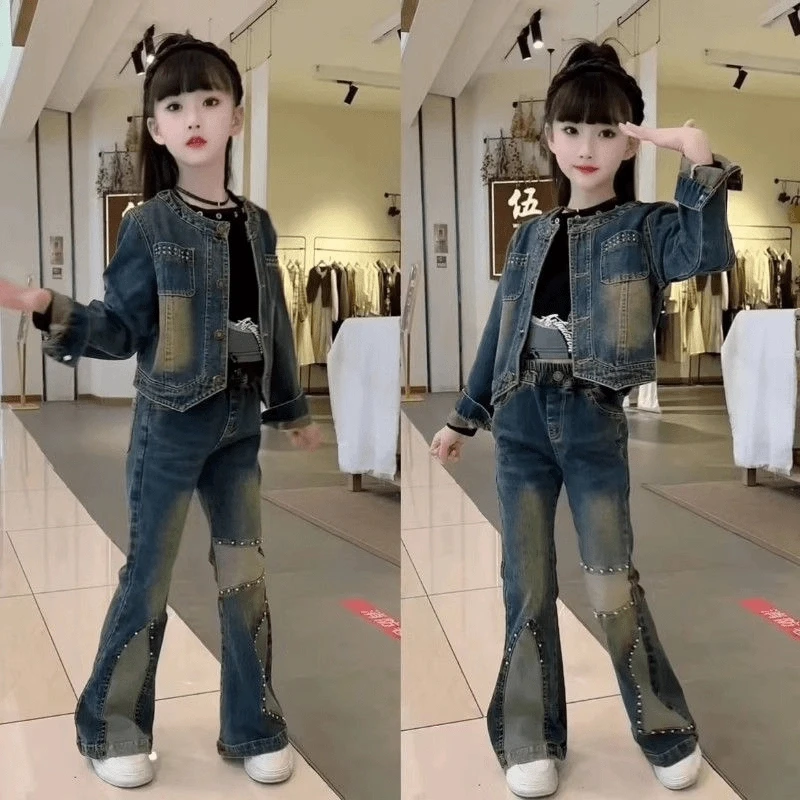 女童秋季牛仔春秋套装2025新款时髦洋气儿童外套中大童复古两件套
