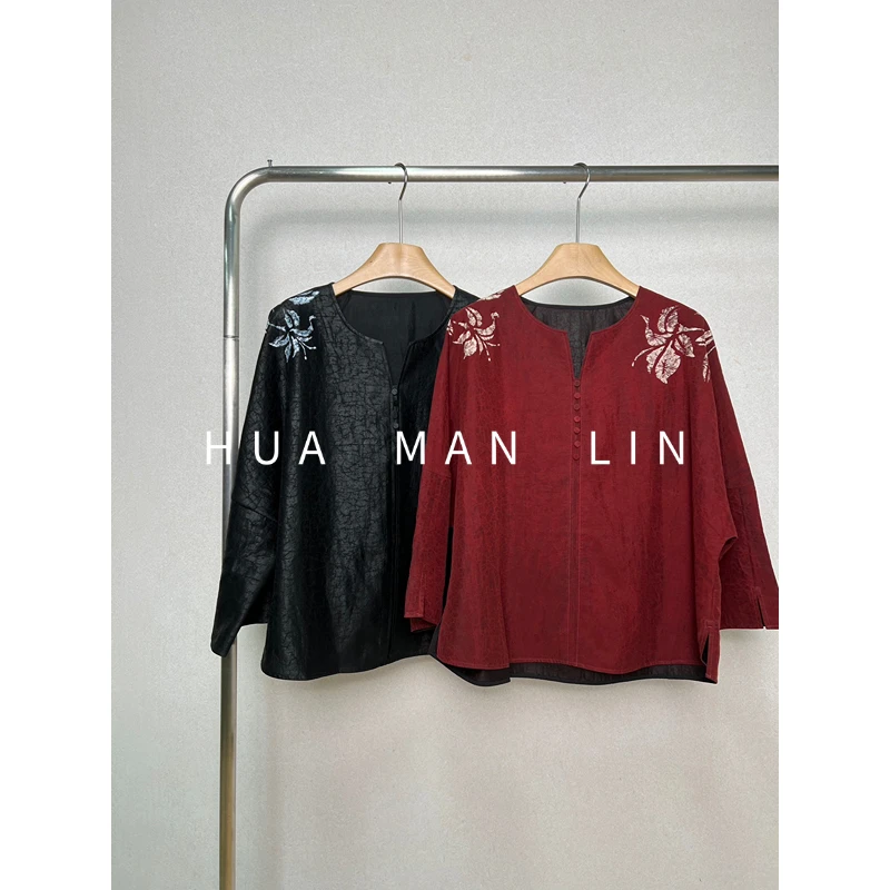 【花满林】两色V领手绘龟裂纹真丝桑蚕丝上衣77756