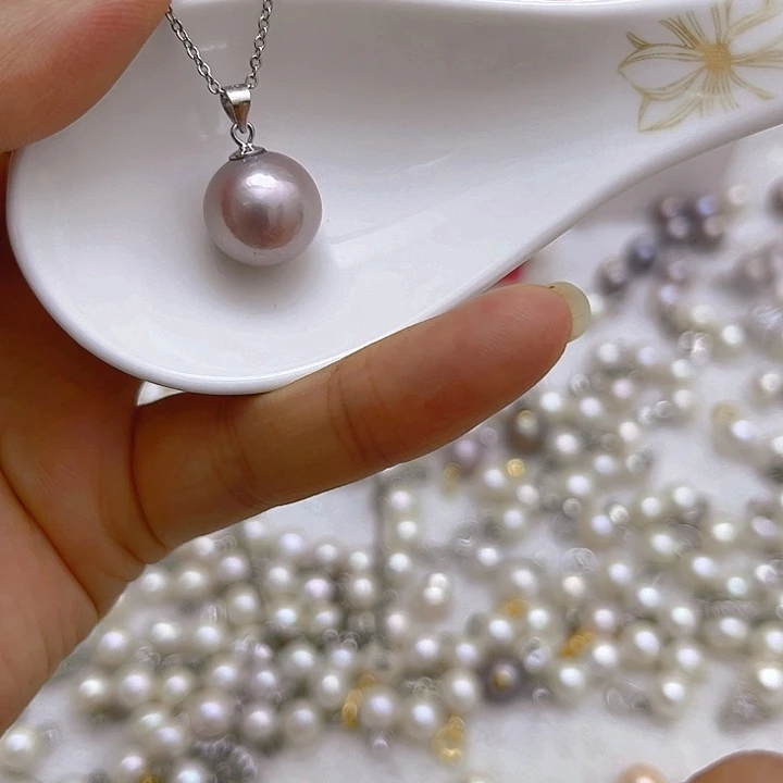 银S925镶嵌淡水珍珠紫珠银色瓜子扣