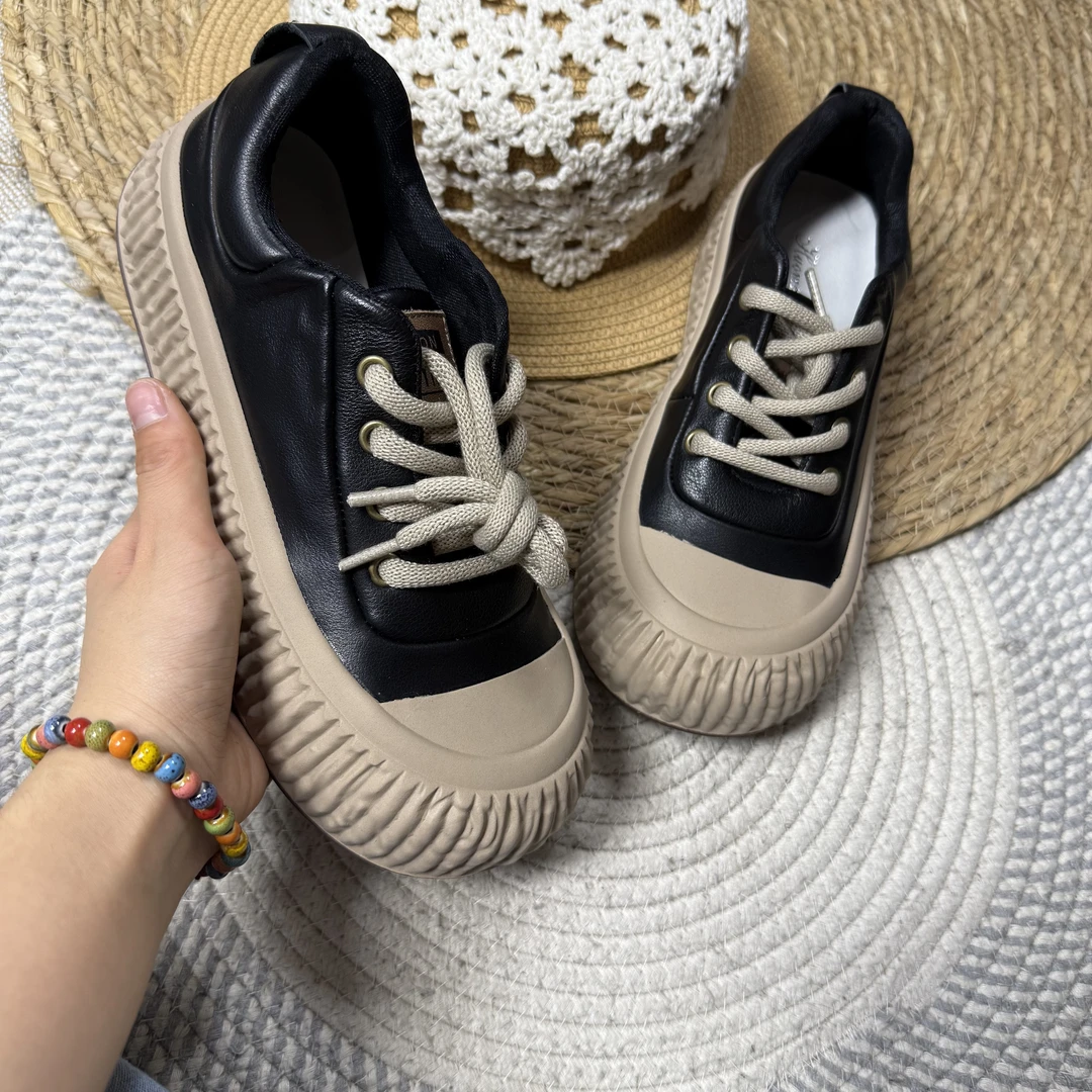 简约休闲百搭女款饼干鞋头层牛皮厚底韩版运动小众平底舒适女鞋