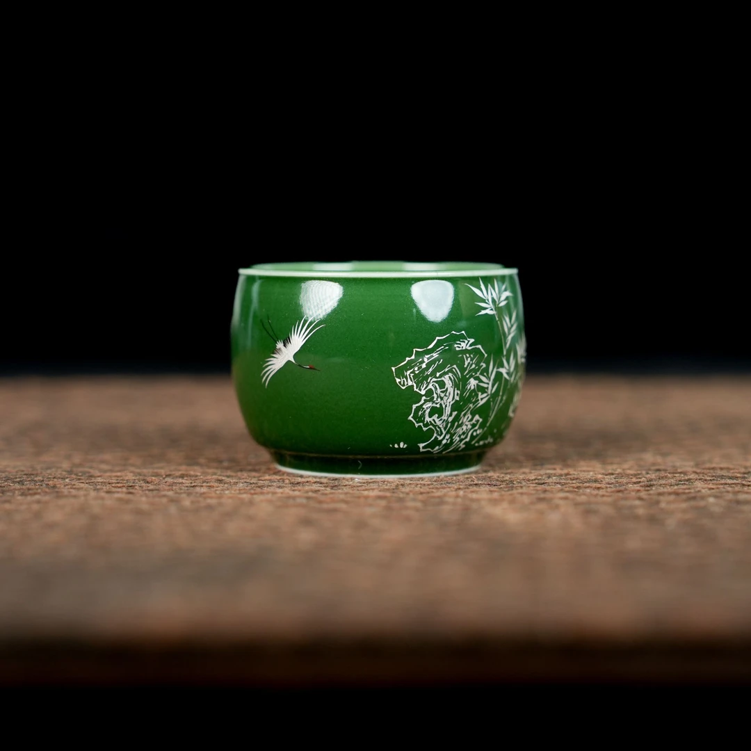 【夏老师的鹤】帝王绿竹子湖石仙鹤手握圆融杯