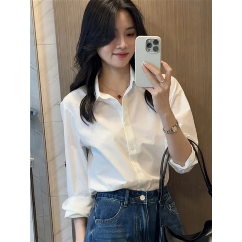 显瘦遮肉气质白衬衫女士早秋款极简风通勤休闲法式翻领内搭上衣