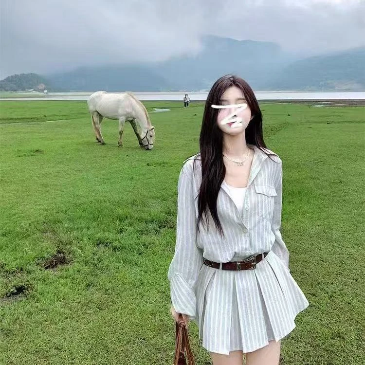 2025早春新款学院风衬衫连衣裙长袖条纹法式气质收腰短裙女老钱风