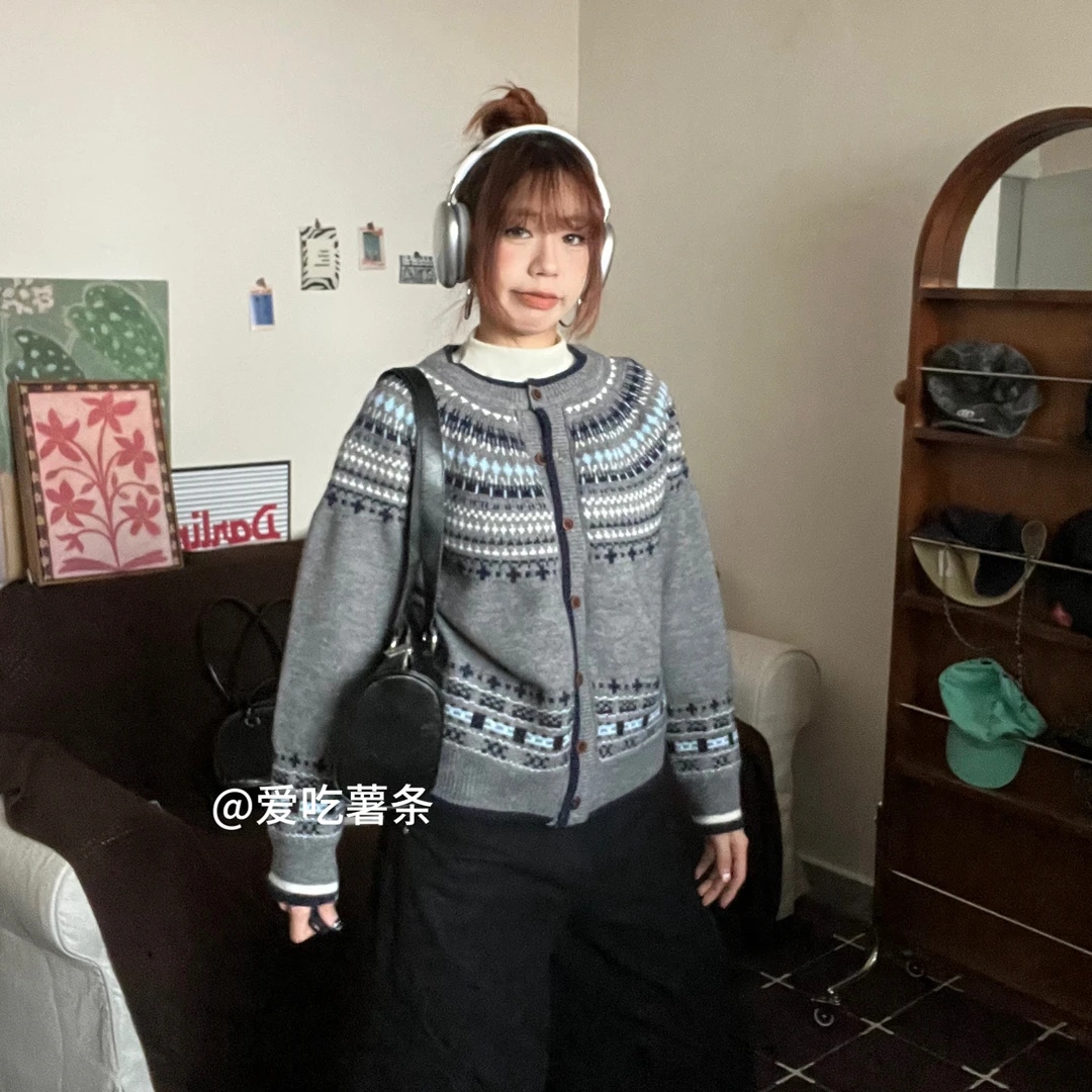 爱吃薯条【枫糖】复古韩系文艺费尔岛针织开衫女秋冬百搭毛衣上衣