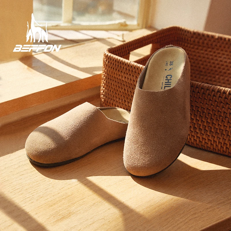 BEFFON北风勃肯鞋女半拖厚底牛反绒拖鞋松弛极简牛皮新款穆勒鞋
