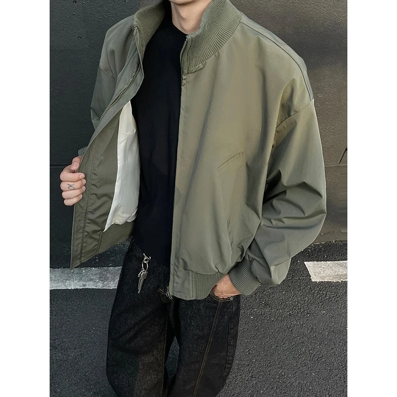美式潮牌廓形立领飞行夹克男士春秋新款宽松百搭短款硬挺上衣外套