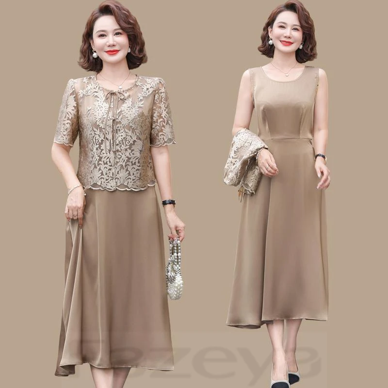 彩羊妈妈夏装气质国风连衣裙中式两件套洋气新款中老年女夏