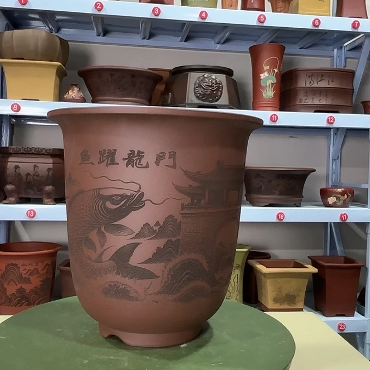 花盆紫砂刻绘鱼跃龙门