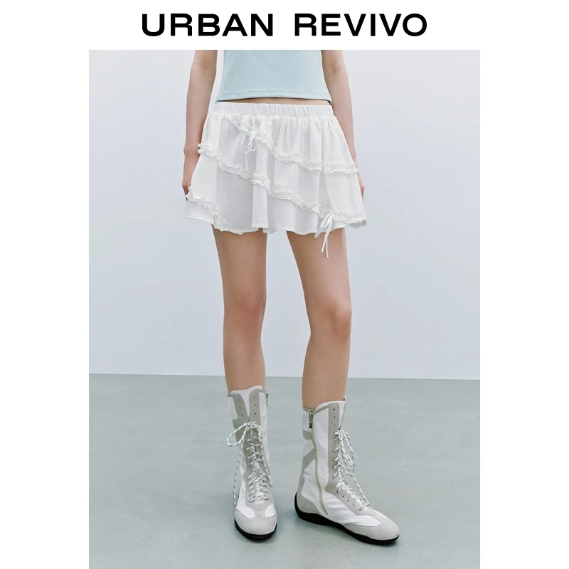 UR2025夏季新款女芭蕾风松紧腰木耳边系带休闲半裙UYU850107