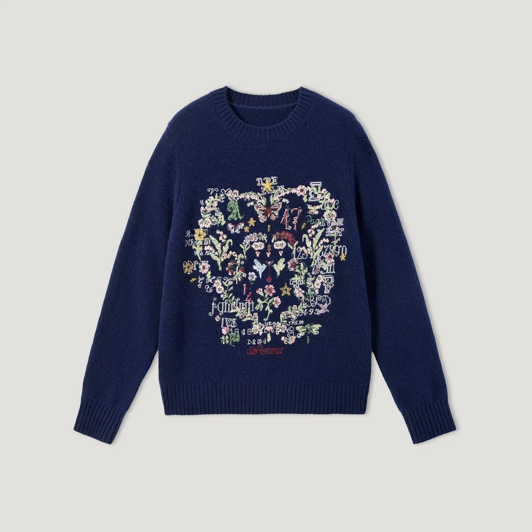 King Deer/鹿王“爱意盎然”提花风时尚宽松复古羊绒衫L805502