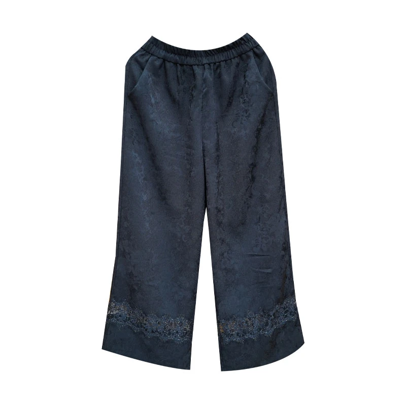 2025中老年春季阔腿裤口袋拼接提花复古绣花唐装休闲裤夏季5520