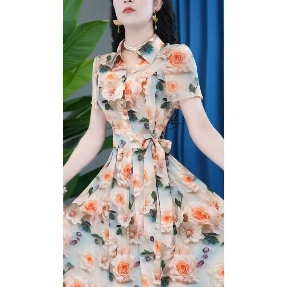 夏季新款短袖印花连衣裙女气质显瘦减龄中长款休闲裙子