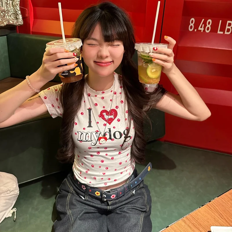 梦优莱甜美风小狗爪印花圆领正肩短袖T恤女夏季小众百搭显瘦上衣