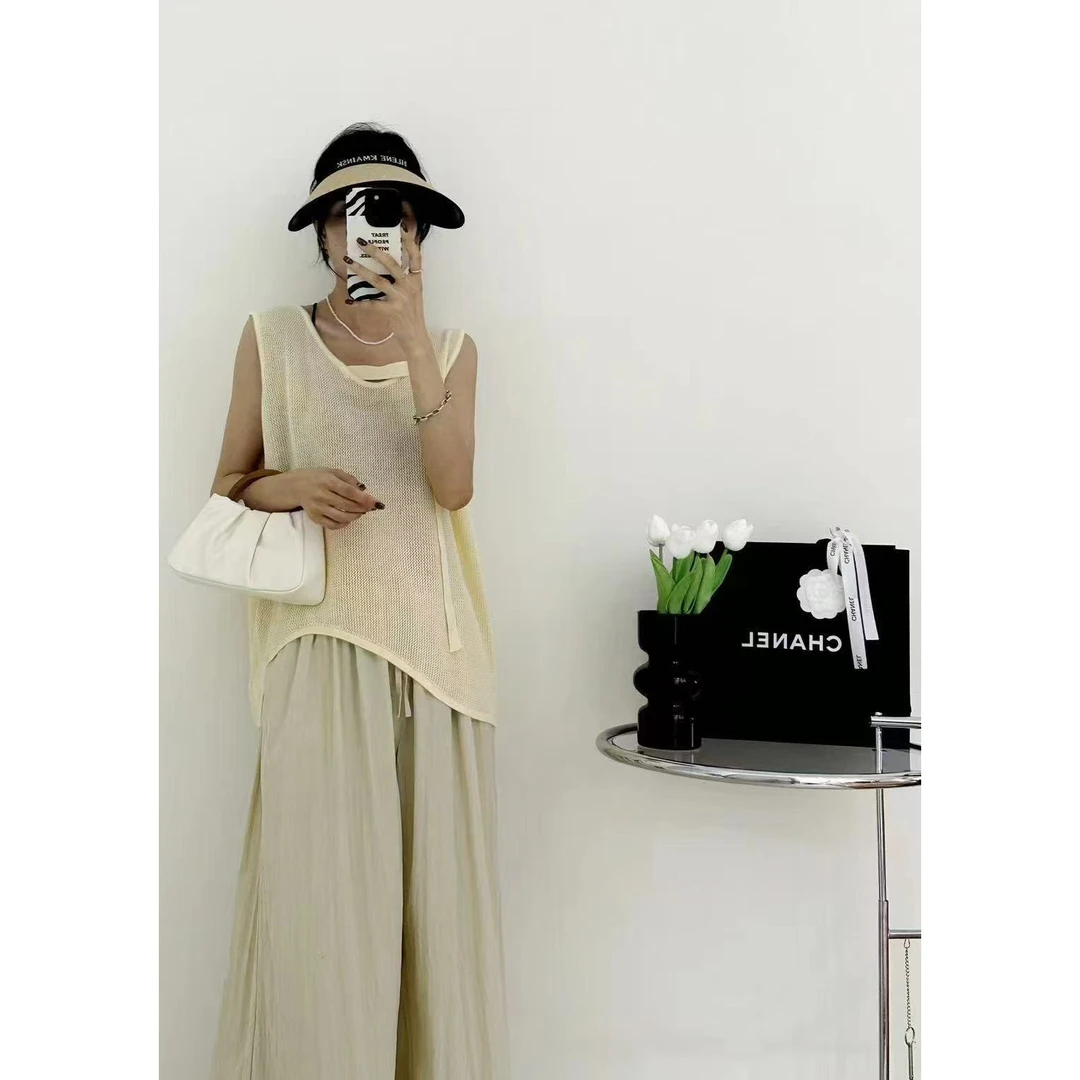 夏季女款设计感镂空针织无袖T恤背心外搭罩衫上衣叠穿ZJ489