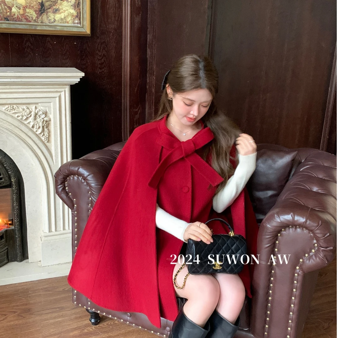 春季新款富家千金风韩系斗篷大衣温柔蝴蝶结双面毛呢外套0722