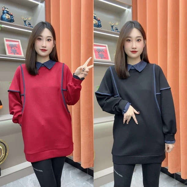 秋冬季卫衣翻领牛仔布拼接洋气长款休闲卫衣秋冬百搭时尚