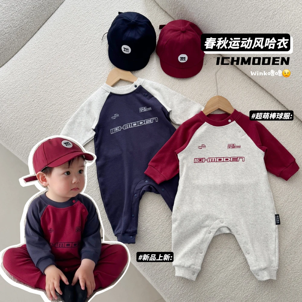 ins风春秋新款韩国婴幼儿连体衣超萌宝宝外出棒球婴儿长袖爬爬服