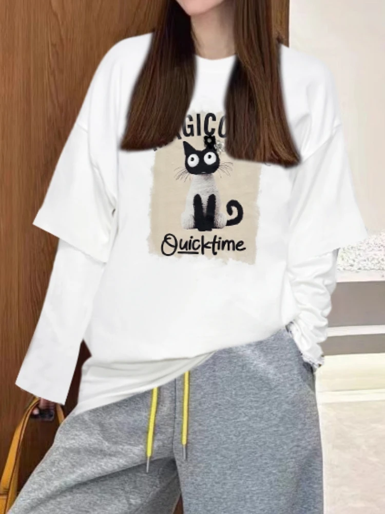 【济州岛】WS珠花猫咪 假两件长袖T恤