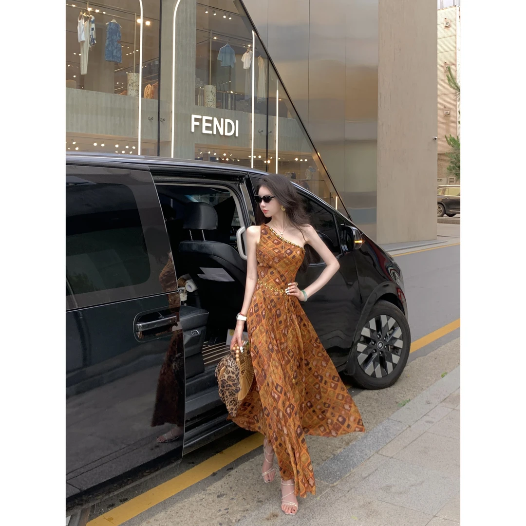 【雅乔定制】野-心家 复古方格设计感斜肩连衣裙长裙DYYK-25052430