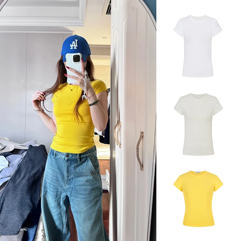 Moses Queen/魔西女王美式黄色正肩短袖t恤修身显大百搭打底上衣