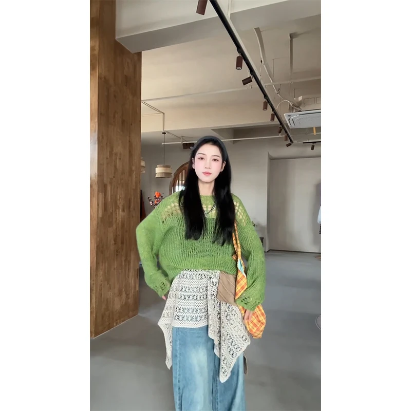 粗针手工感毛衣长袖上衣镂空不规则叠穿屁帘直筒牛仔裤早春两件套