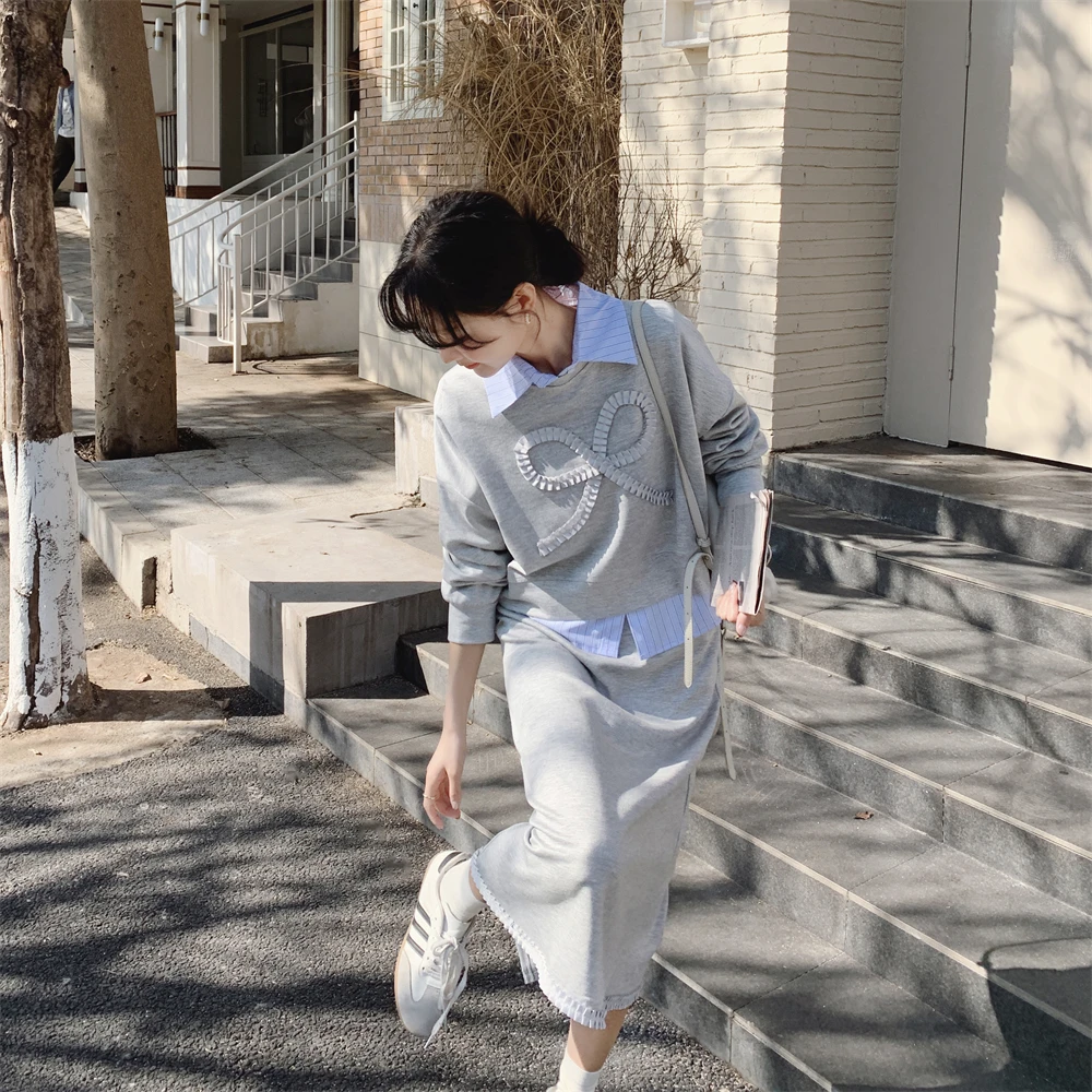 衬衫领灰色休闲卫衣运动套装裙女春秋2025新款小个子高级感两件套