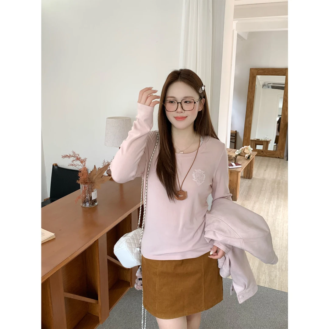 现货2805X  大婉酱千千微胖定制圆领蕾丝T恤秋季百搭显瘦内搭上衣