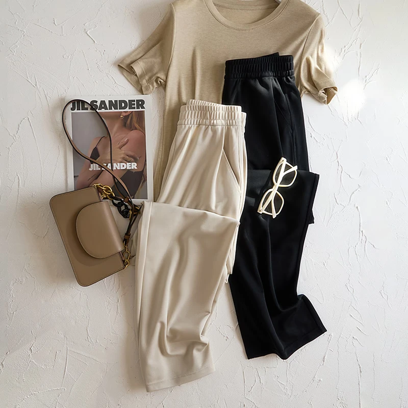 高品至日单客供面料凉感柔软滑砂洗条纹宽松直筒裤