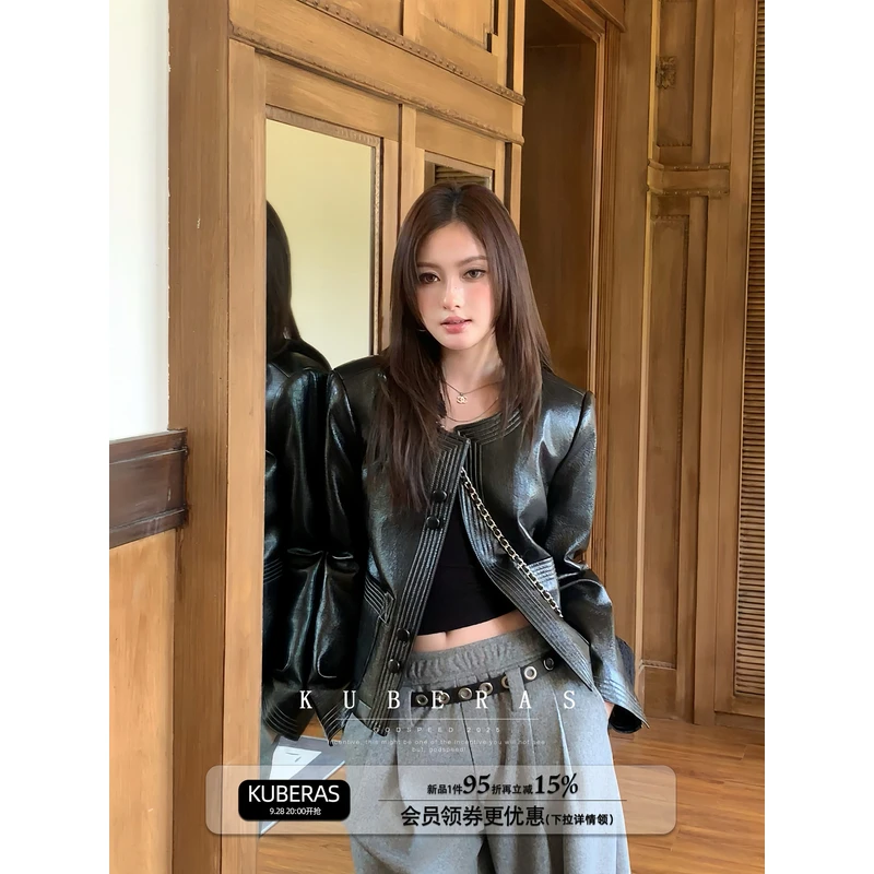 KUBERAS 小众复古设计感小香风短款压线西装皮衣高级感中古风外套