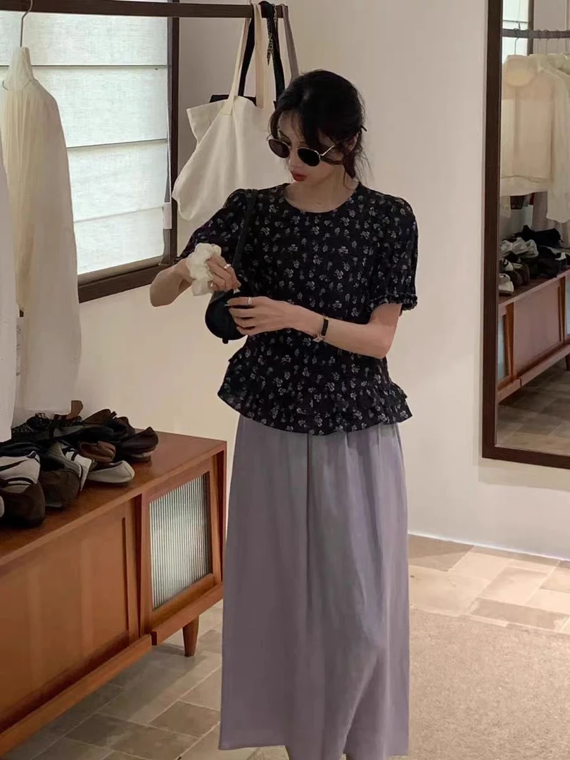 115碎花显瘦气质时尚休闲百搭夏季泡泡袖高腰黑色复古法式宽松
